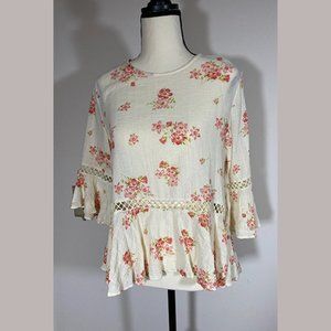Ralph Lauren Flowered Gauze Blouse, Cotton, Size Medium
